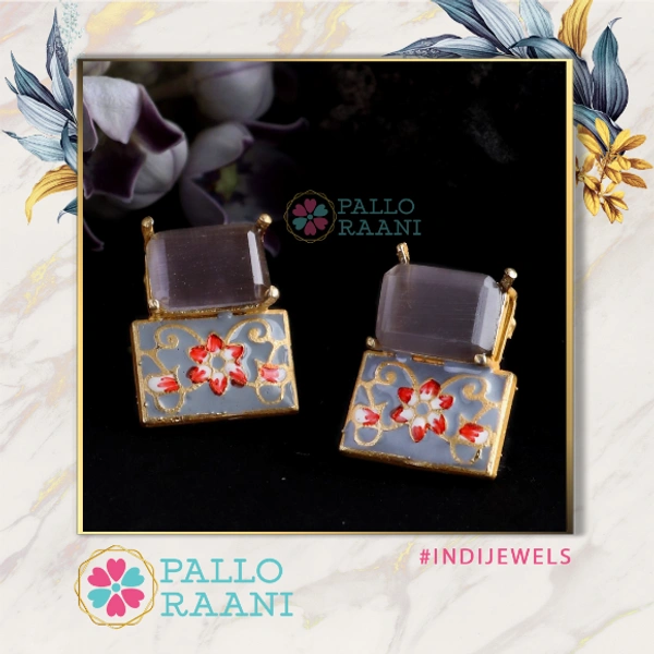 Grey stone Handpainted Meenakari Stud - grey, gold